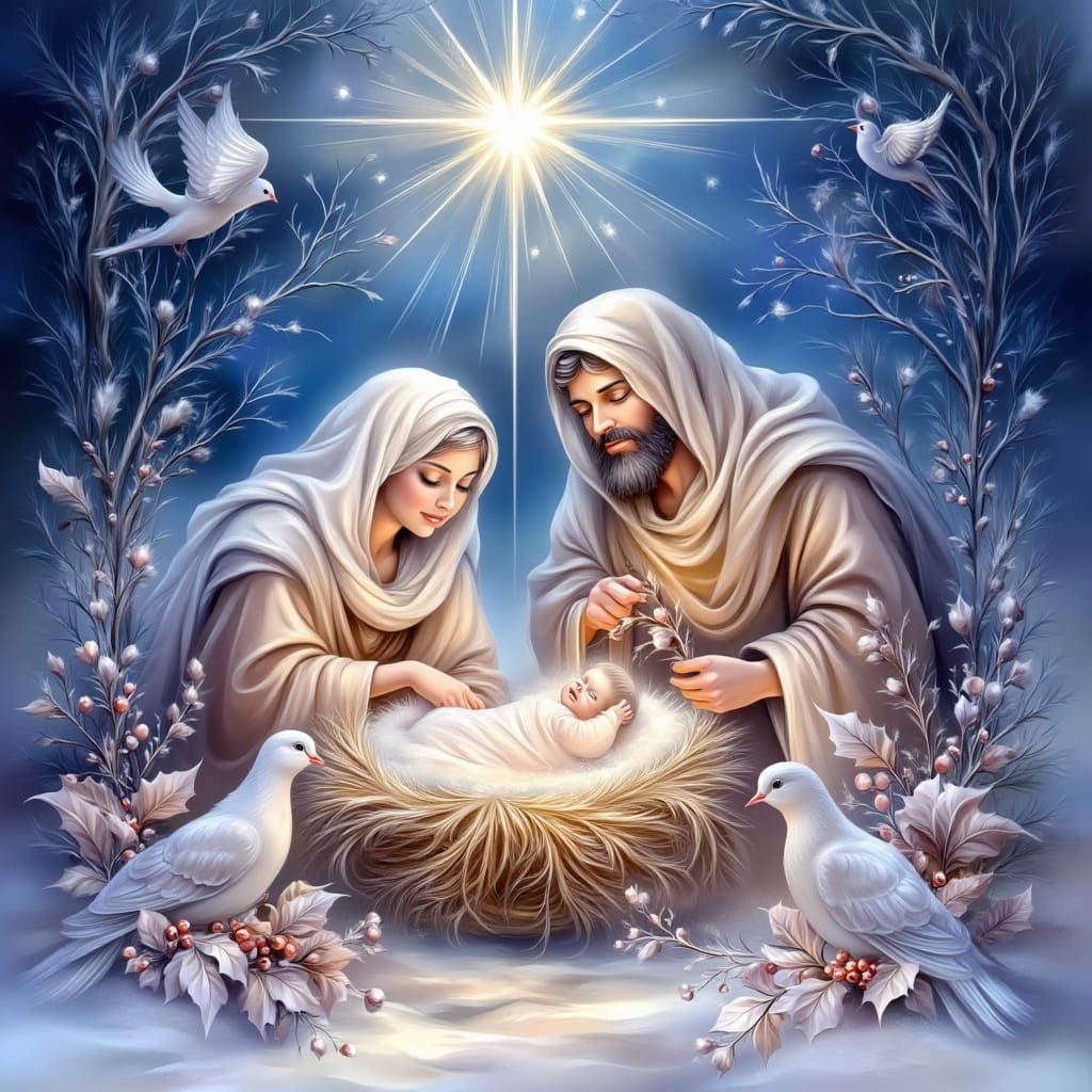 Holy Family Scene with Celestial Light and Manger