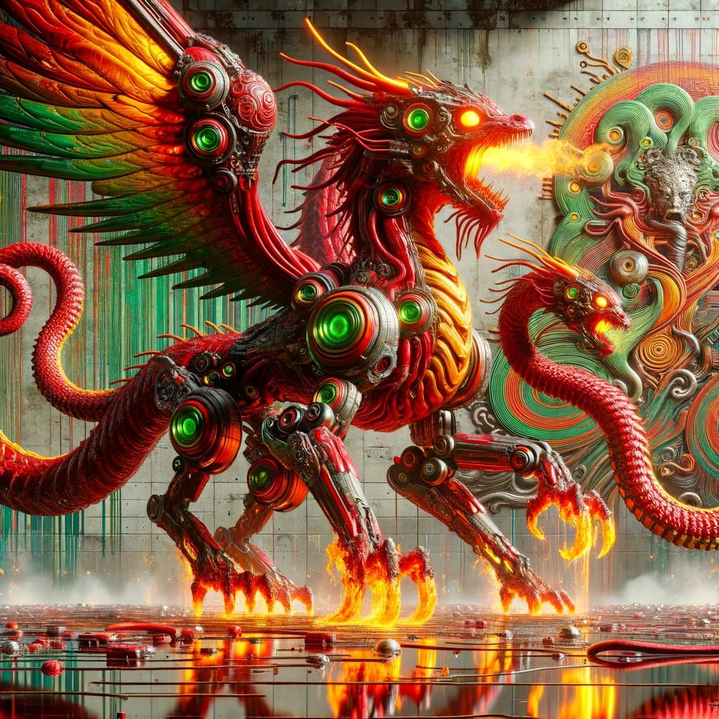 Alien Phoenix Dragon and Qilin with Graffiti