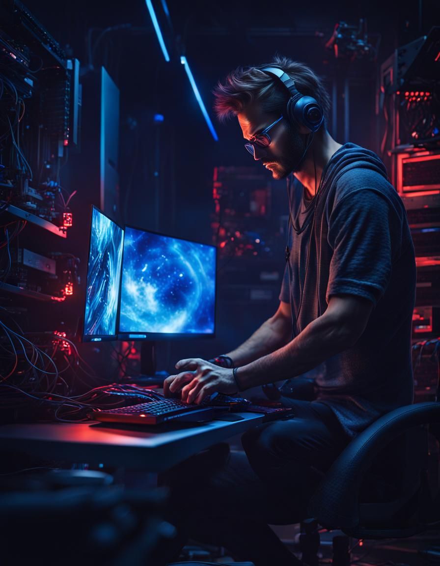 Gamer Immersed in Digital World, Photorealistic Art