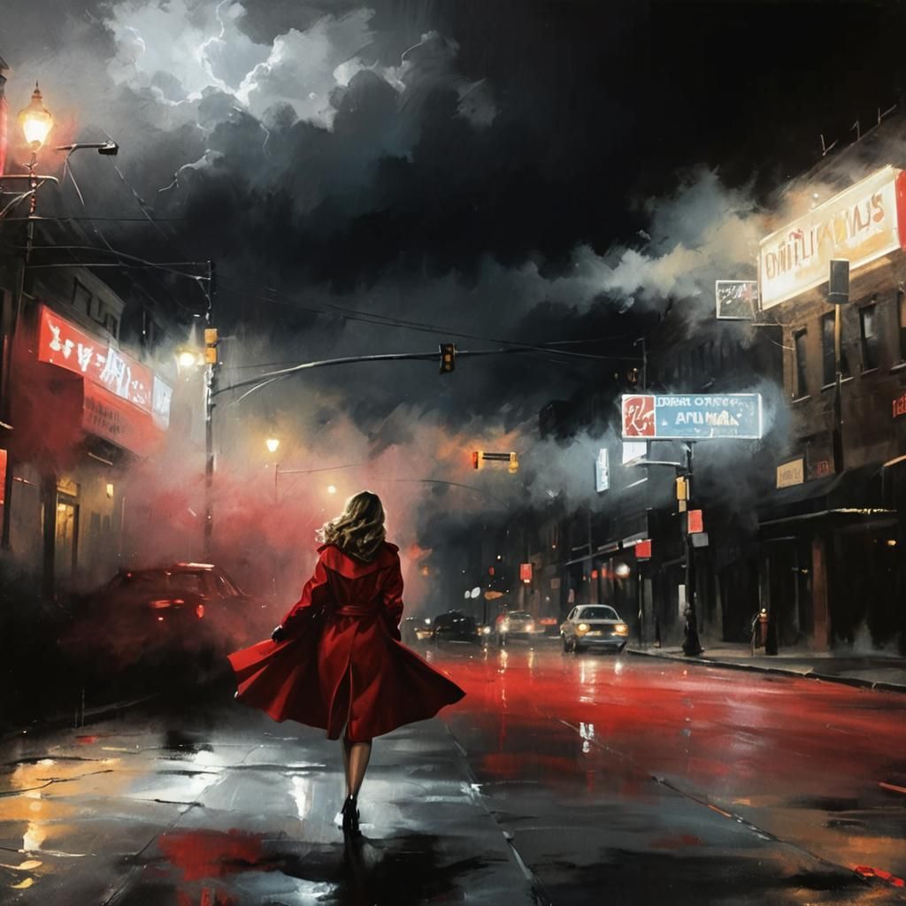 Noir Night: Femme Fatale in a Red Coat