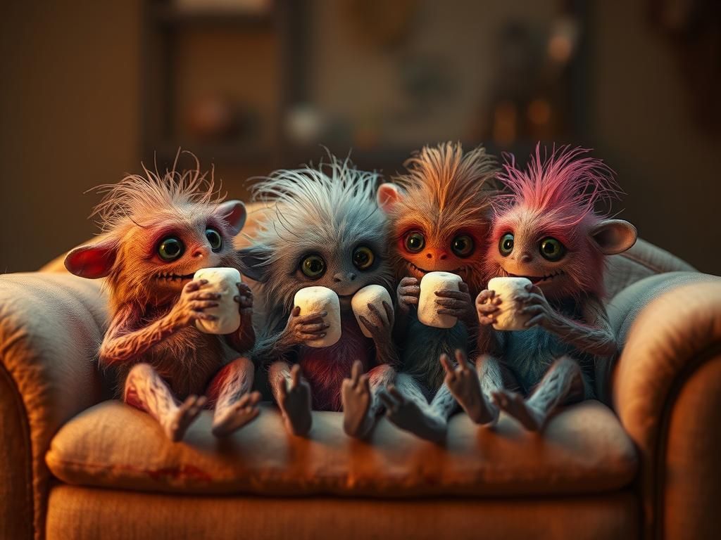 Cute Monsters Enjoy Marshmallows: CGI Whimsical Fantasy