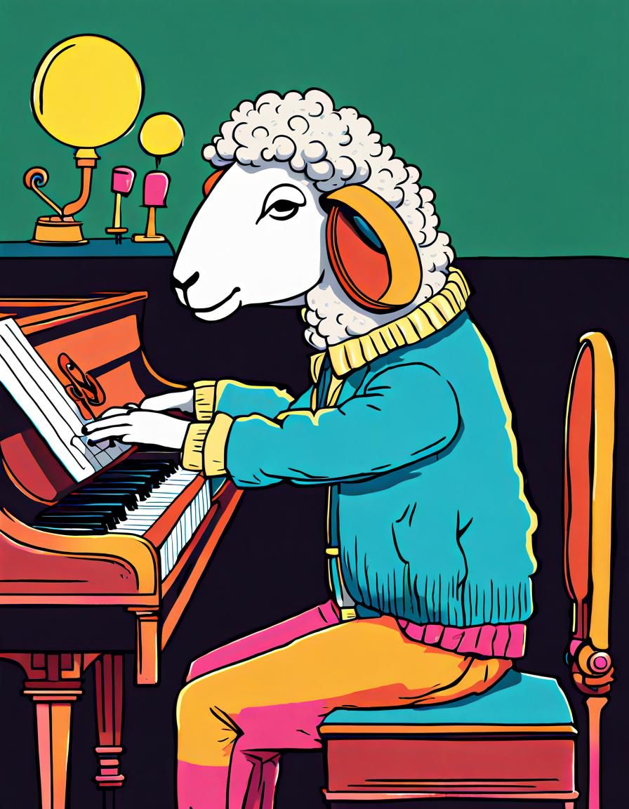A sheep composer sitting at the piano and playing some new m...