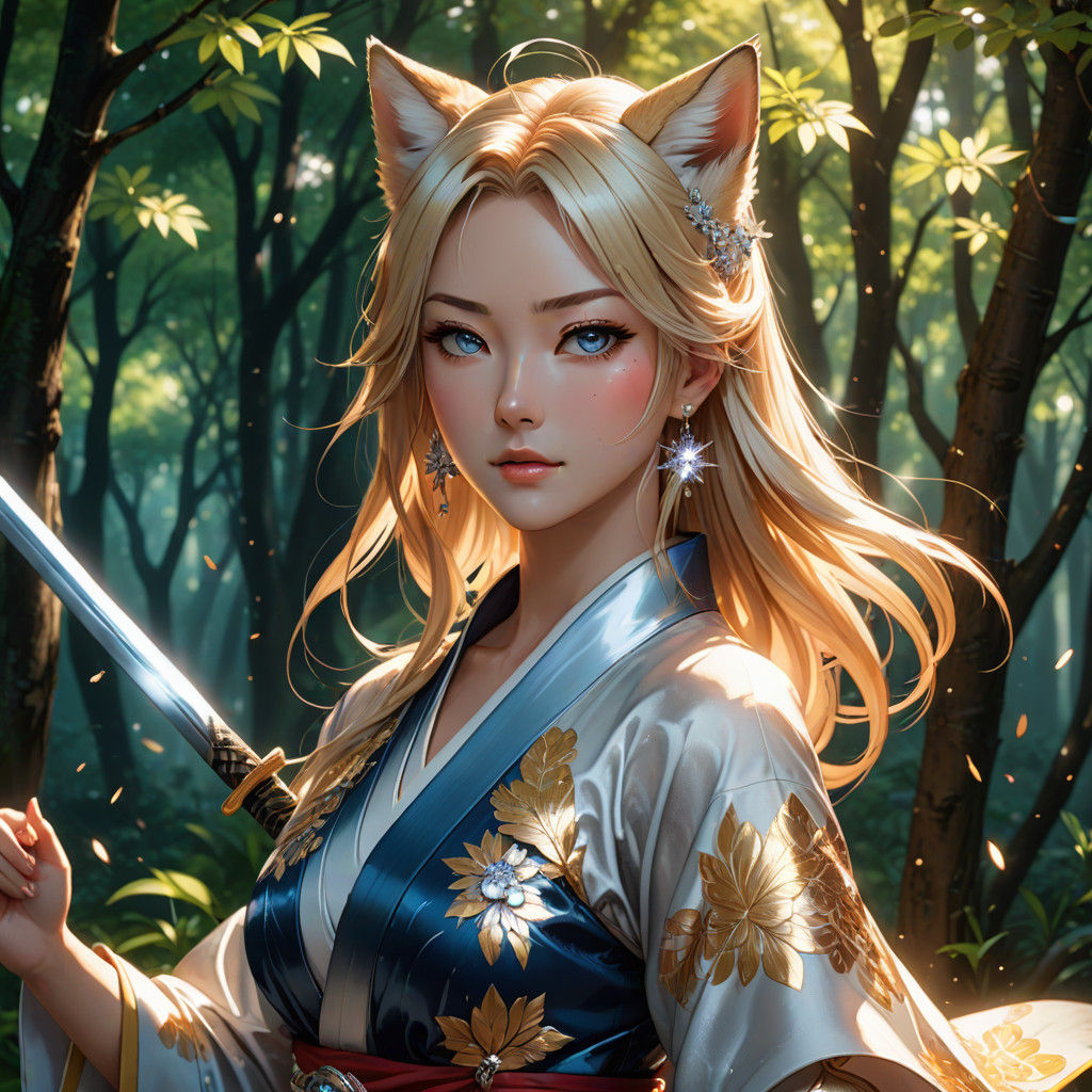 Kitsune Anime Girl in Armored Kimono Swings Katana with Vibr...