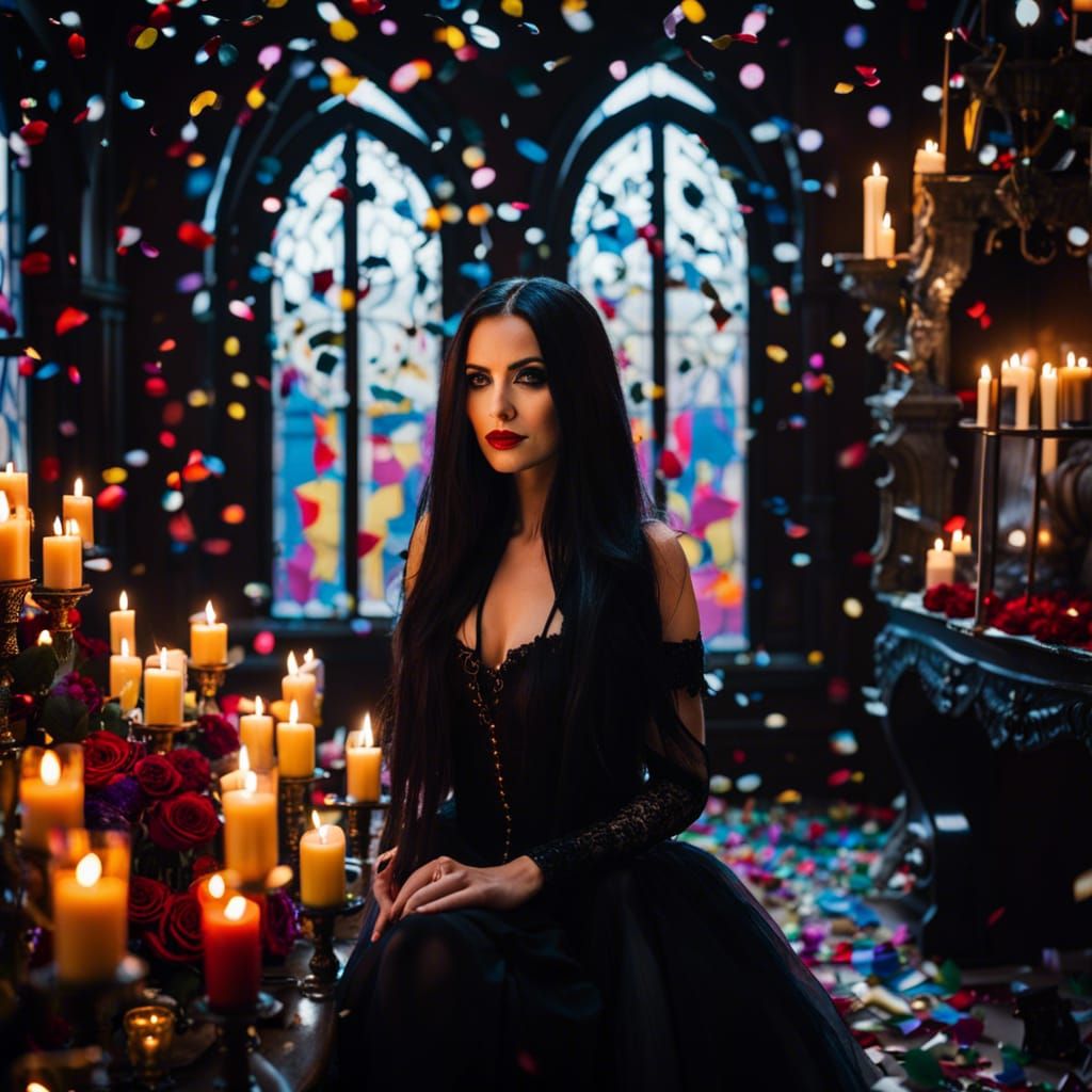 Gothic Woman in Confetti Shower, Sinister Ambiance