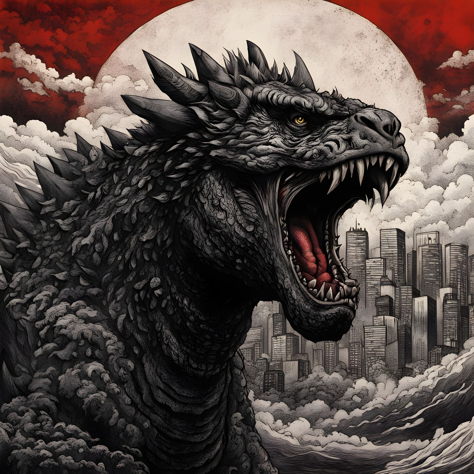Godzilla in Dark, Muted Ukiyo-e Style