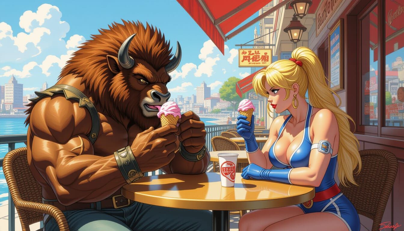 Mr. Bison and Cammy Relaxing in a Cafe