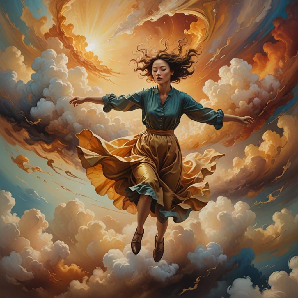 Surreal Falling Figure in Dreamlike Oil Painting
