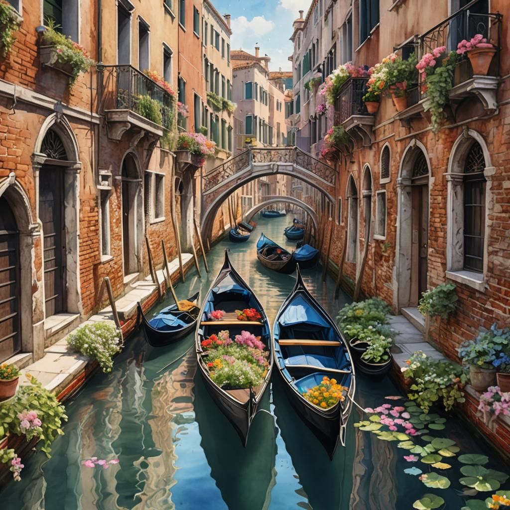 Floral Gondola in Venice: Watercolor Fantasy Art