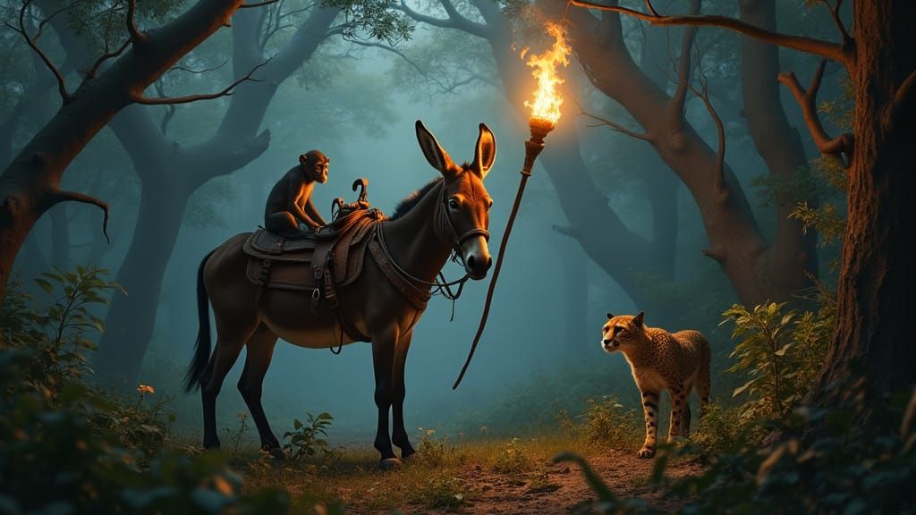 Donkey Holds Torch, Surrounded by Frightened Companions in a...