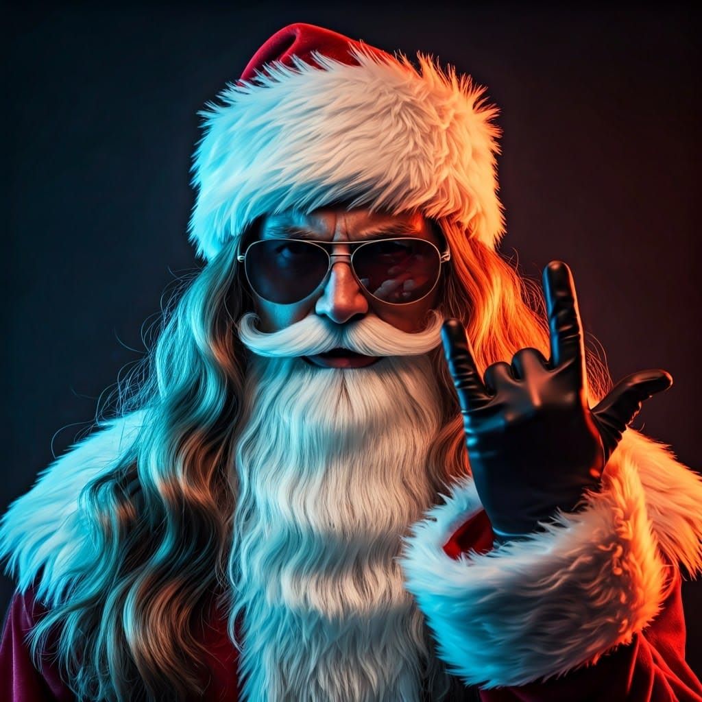 Santa Claus Throws Horns in Neon Cyberpunk