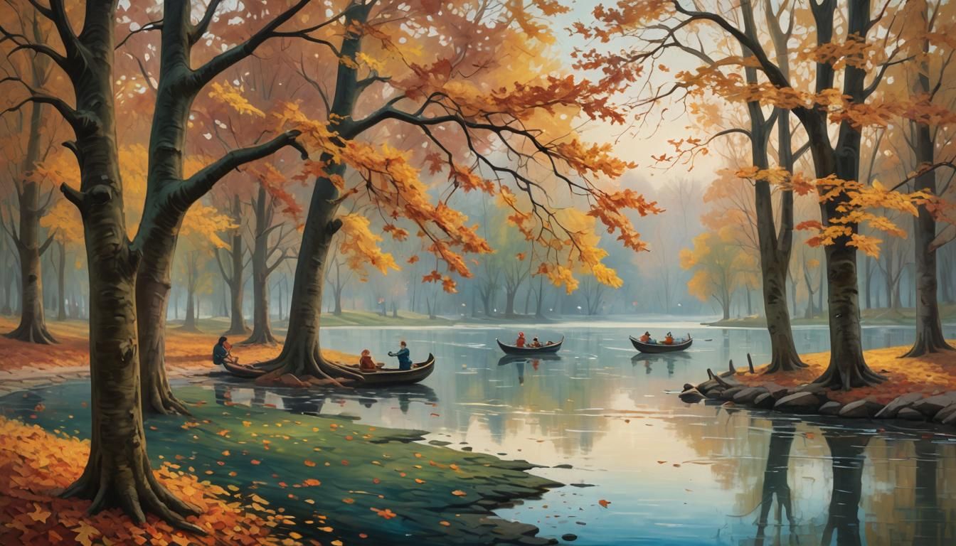 Impasto Painting of Children Playing by Autumn Lake