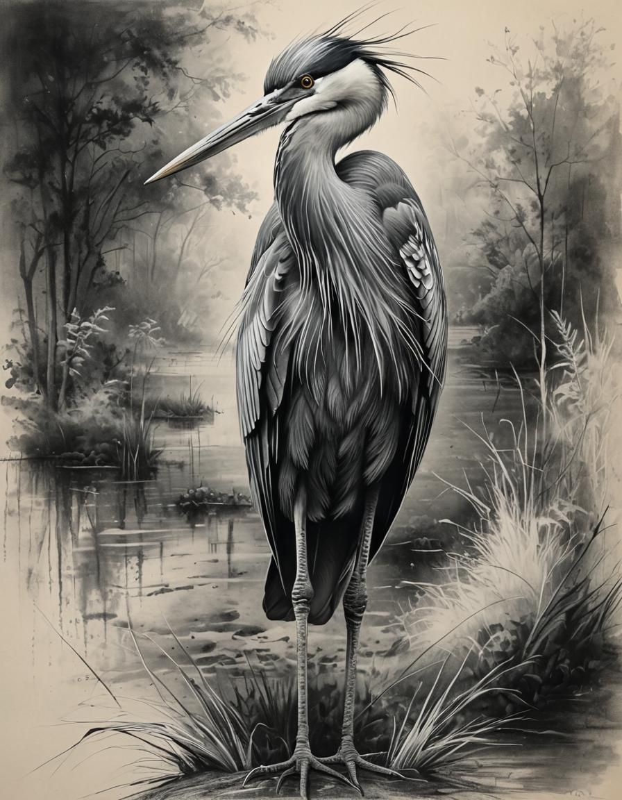 Abstract Heron: Black and White Chalk Drawing