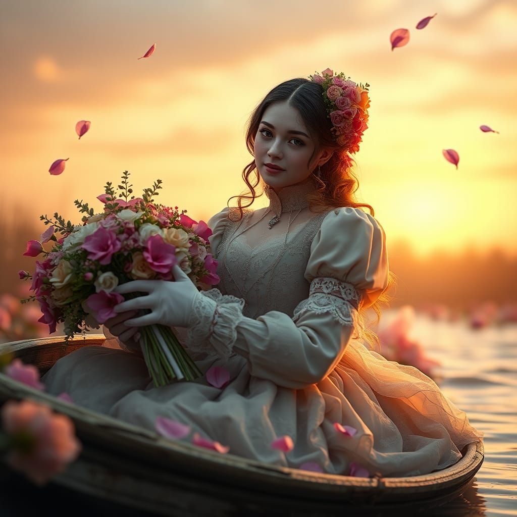 Victorian Flower Seller in Dreamlike Pre-Raphaelite Setting