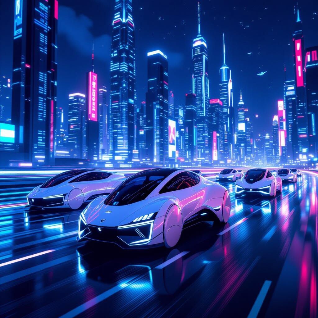 Futuristic Cityscape with Flying AirVans in Hyperrealism