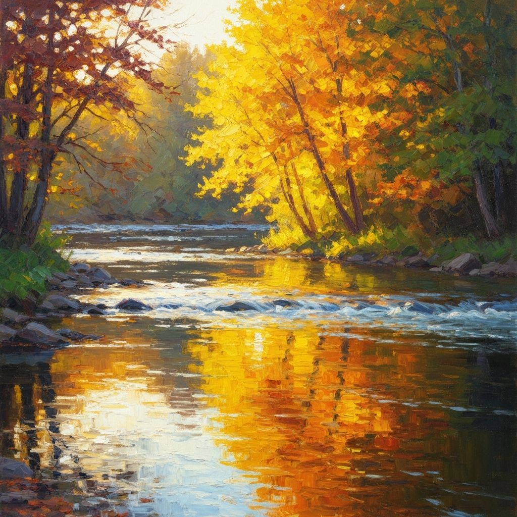 Impressionist Autumn River in Golden Hour Light