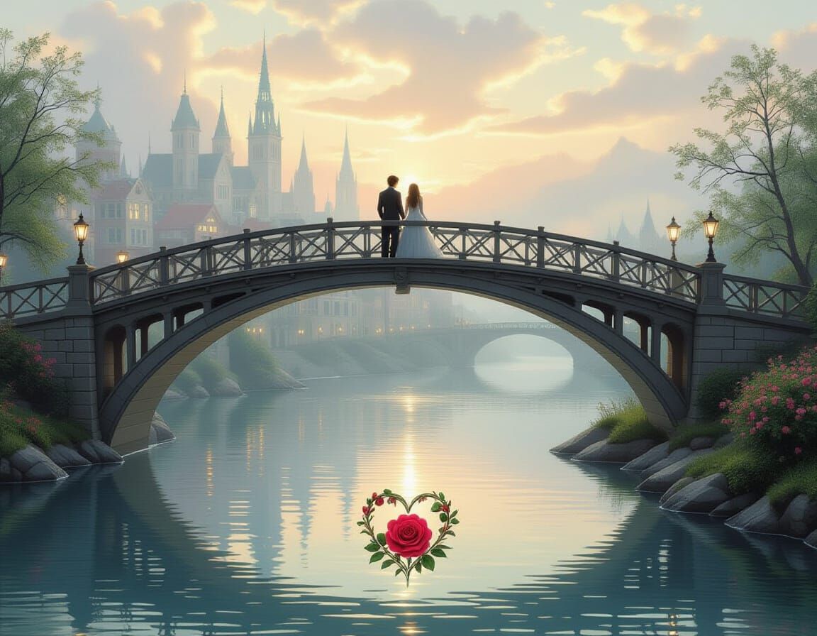 Ethereal Fantasy Bridge Scene with Romantic Couple