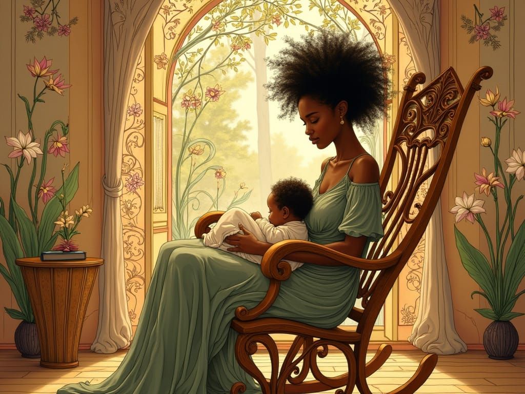 Art Nouveau Serene Mother and Child in Ornate Nursery