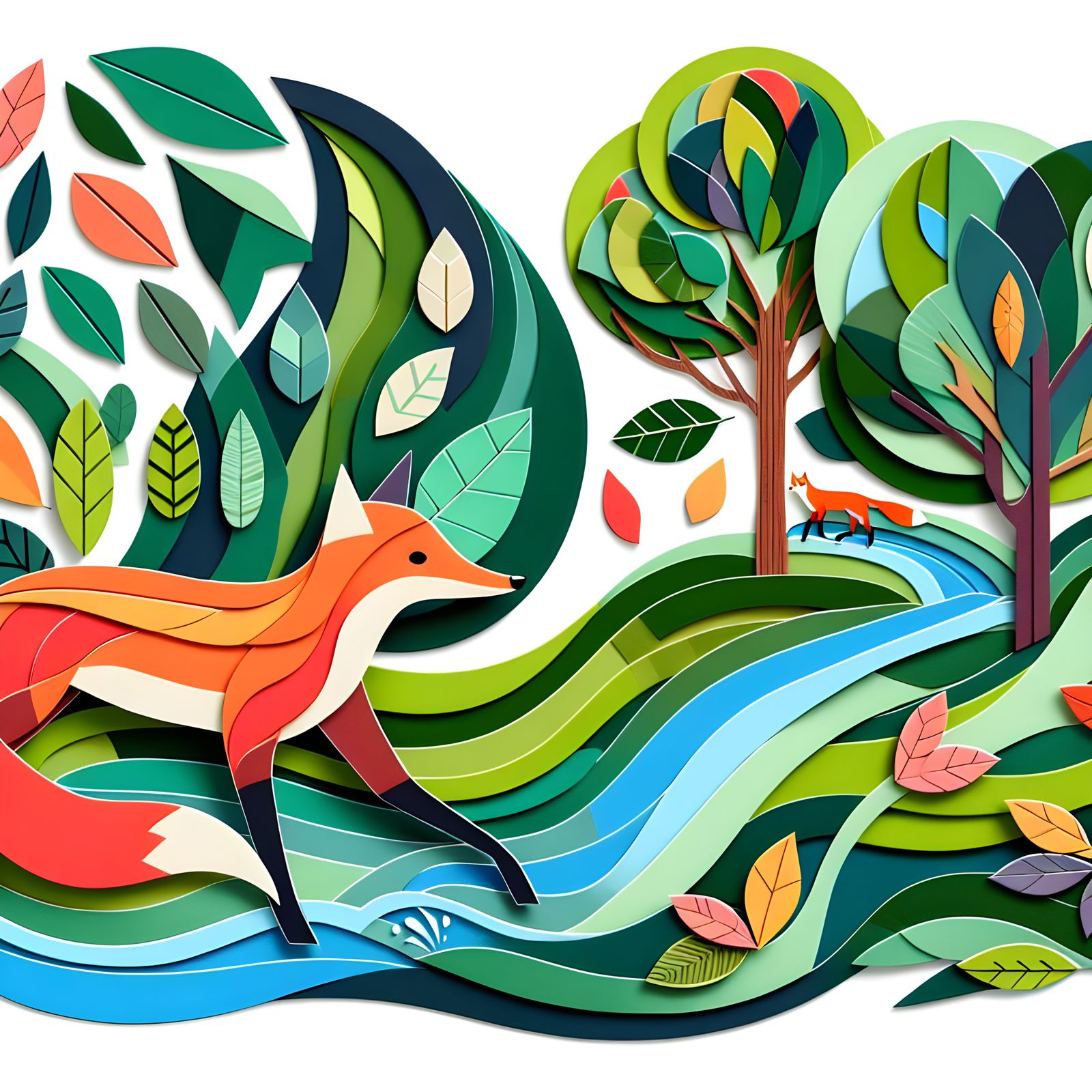 Vibrant Collage of Fox, River and Trees