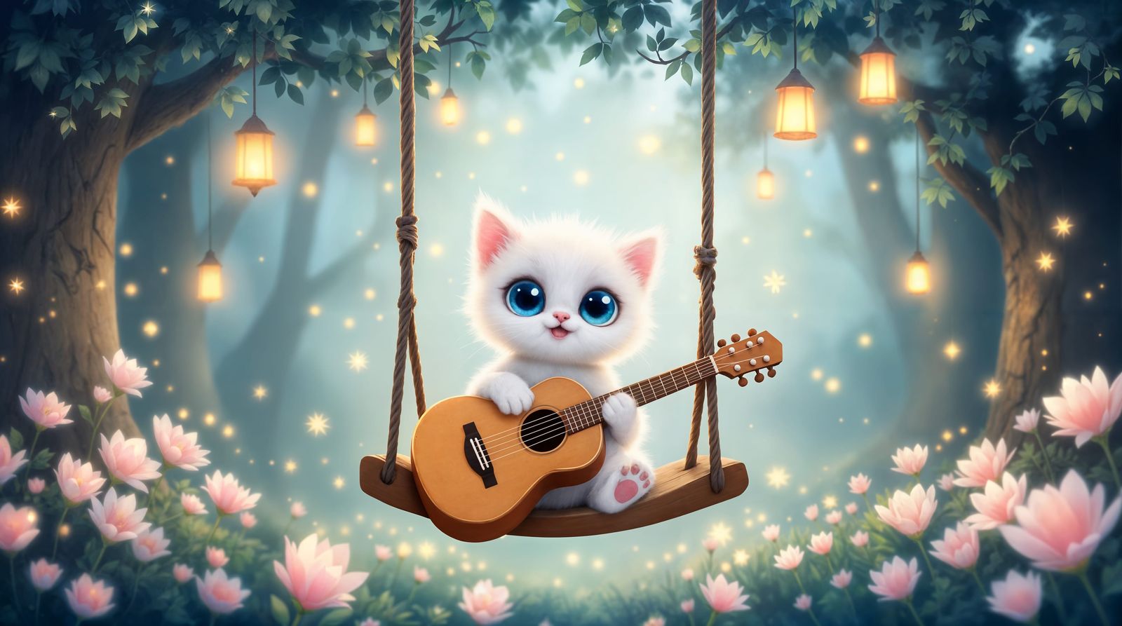 Enchanted Woodland Kitten Plays Guitar in Pastel Colors