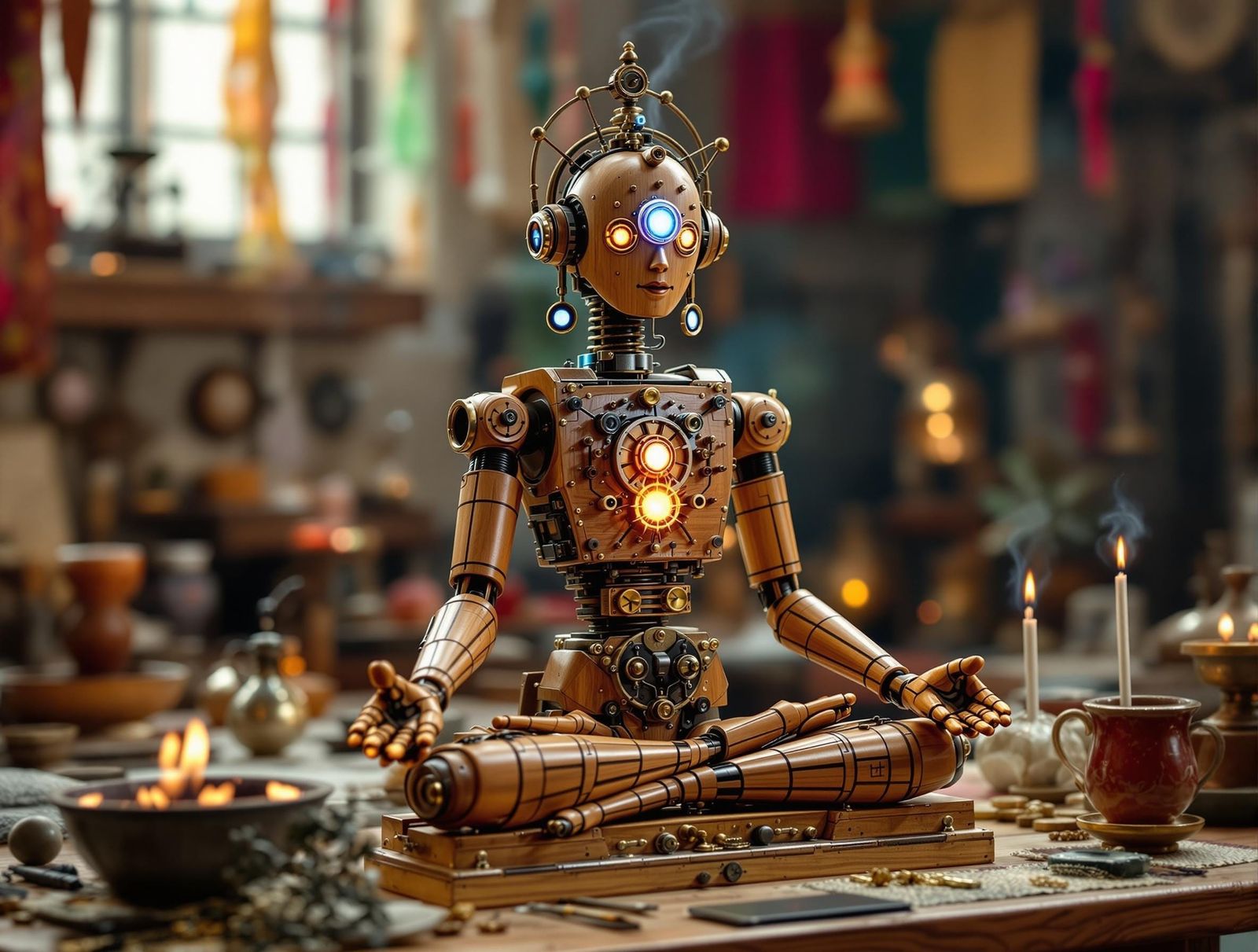 Meditating Wooden Automata Contemplating if it Has a Navel