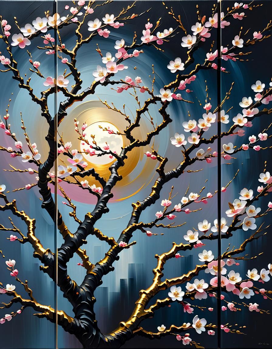 Cherry Blossoms Triptych in Dutch Master Impasto Style