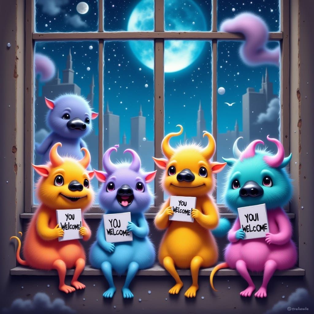Whimsical Monsters Offer Greetings Under Starry Skies