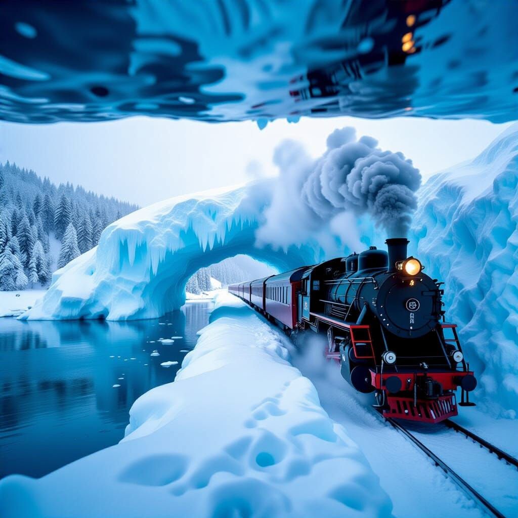 Winter Train Travels Underneath an Icy Lake