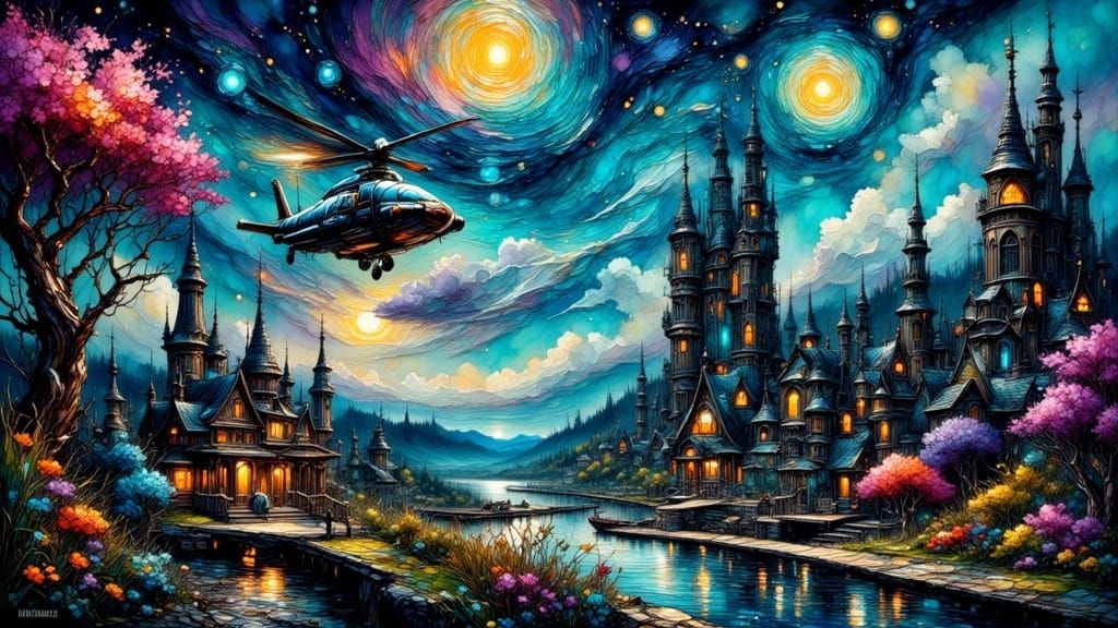Cyberpunk Starry Night Reimagined as Digital Art