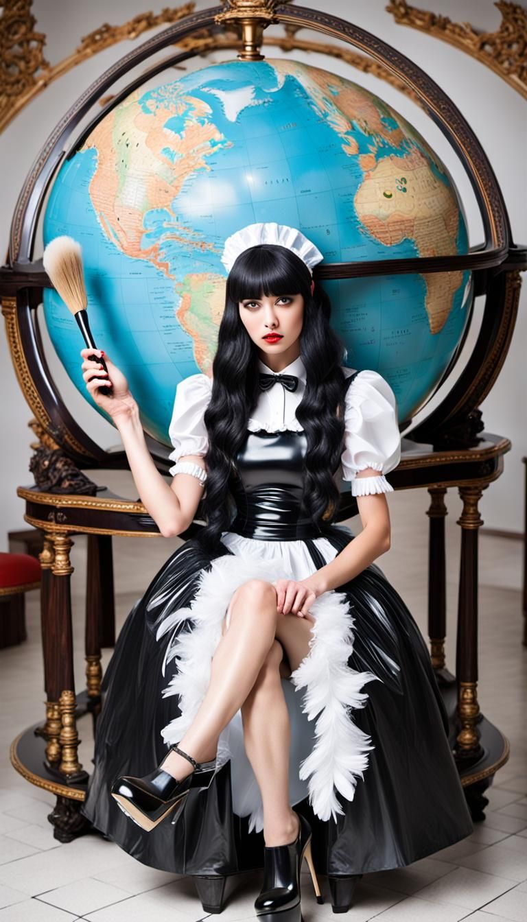 Woman Cleaning Globe in Latex Maid Outfit