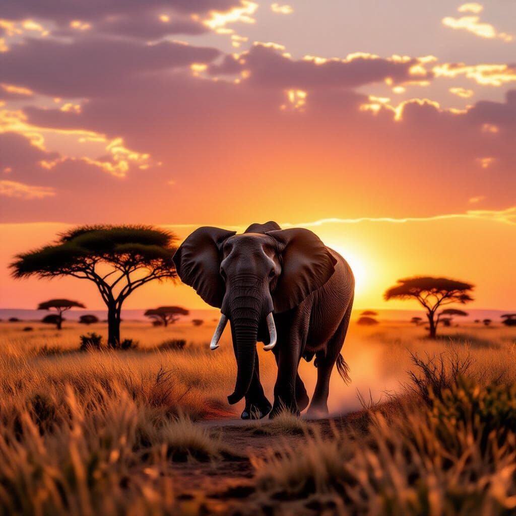 Majestic Elephant on African Savannah at Sunset