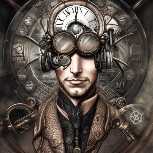 Steampunk Man in Smoky City: Digital Illustration