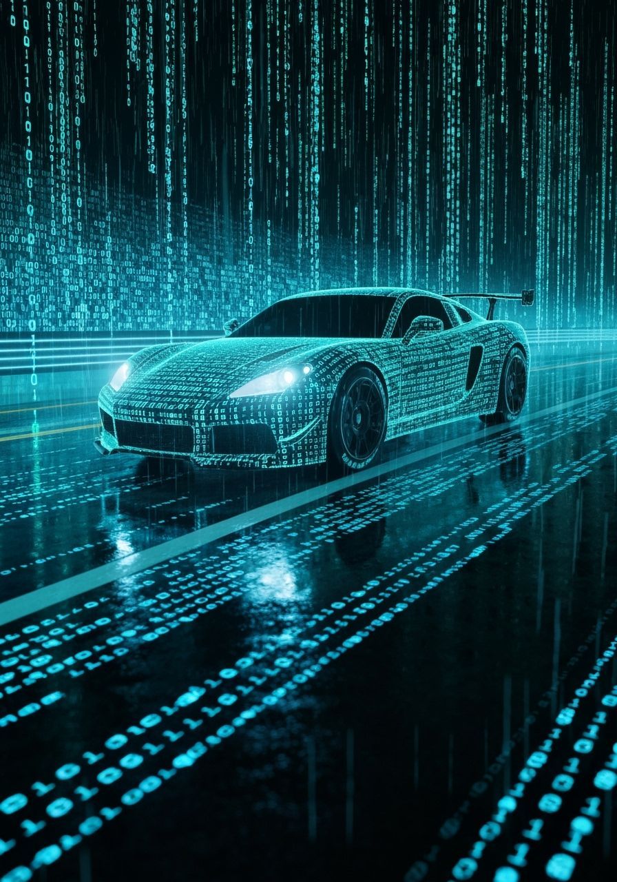 Holographic Sports Car of Binary Code on Wet Road