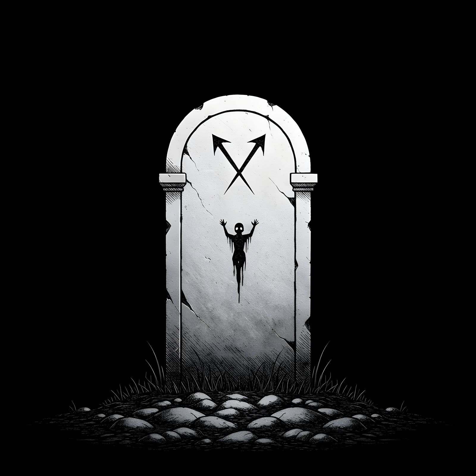 Gravestone of Drowning Horror in Black and White