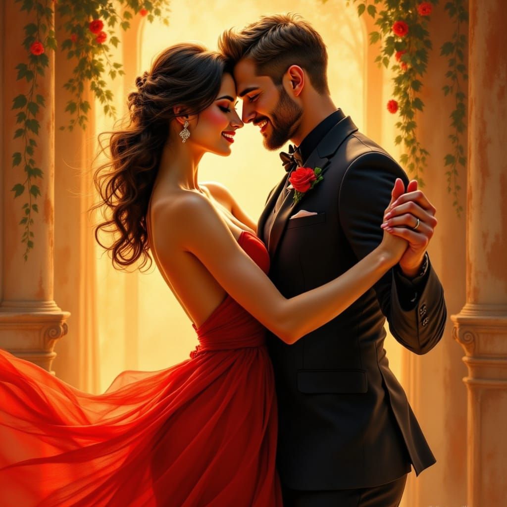 Mature Couple's Passionate Dance in Golden Hour Light