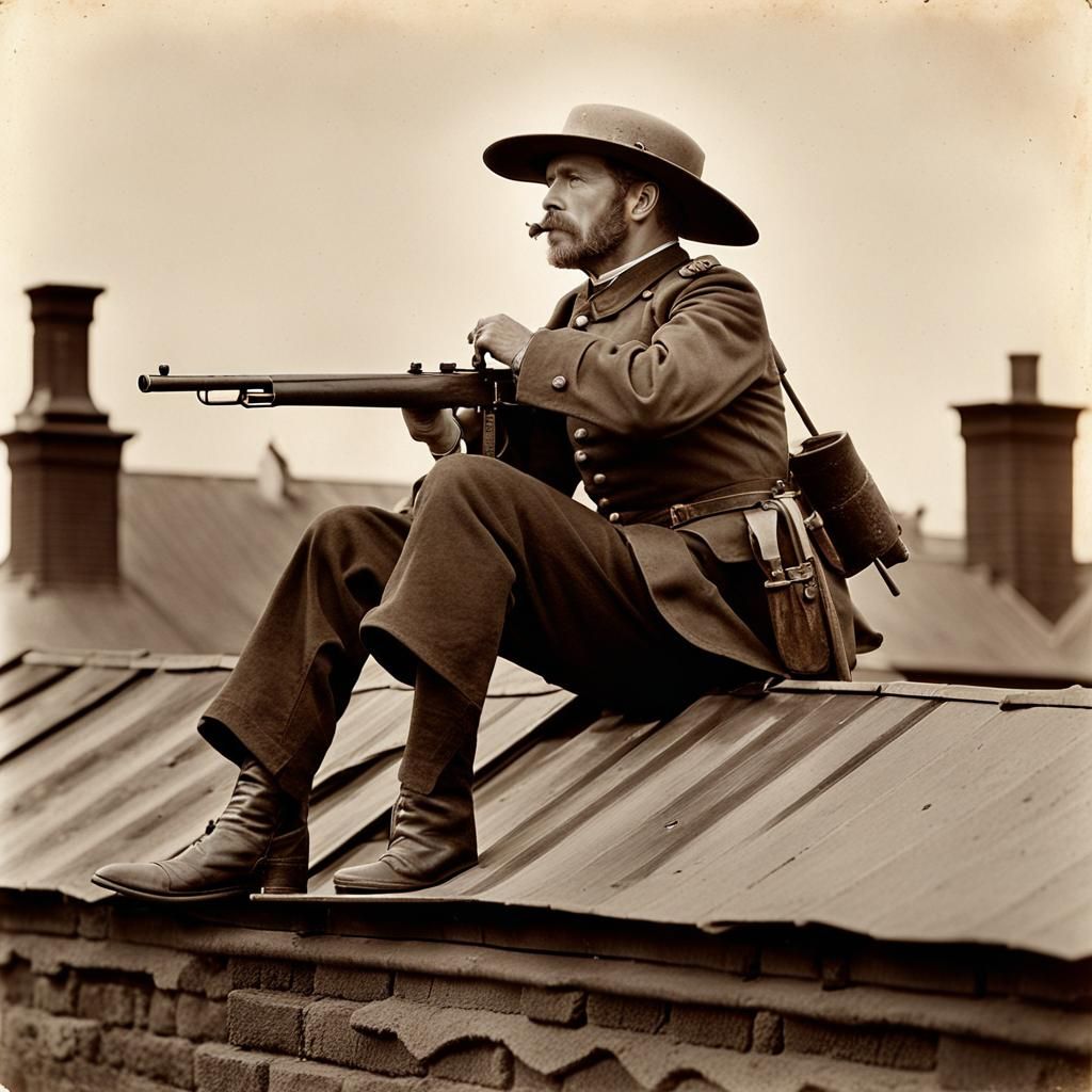 Boer War Soldier Aims Rifle from Rooftop