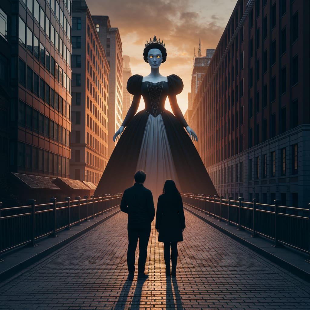 Giant Noblewoman Emerges in City at Sunset