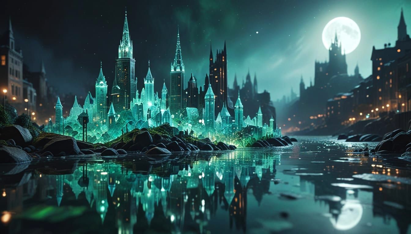 Sea Glass Cityscape Under Silvery Moonlight