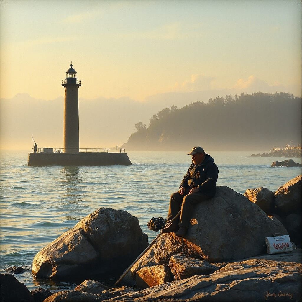 Golden Hour Seascape Masterpiece with Fisherman and Lighthou...