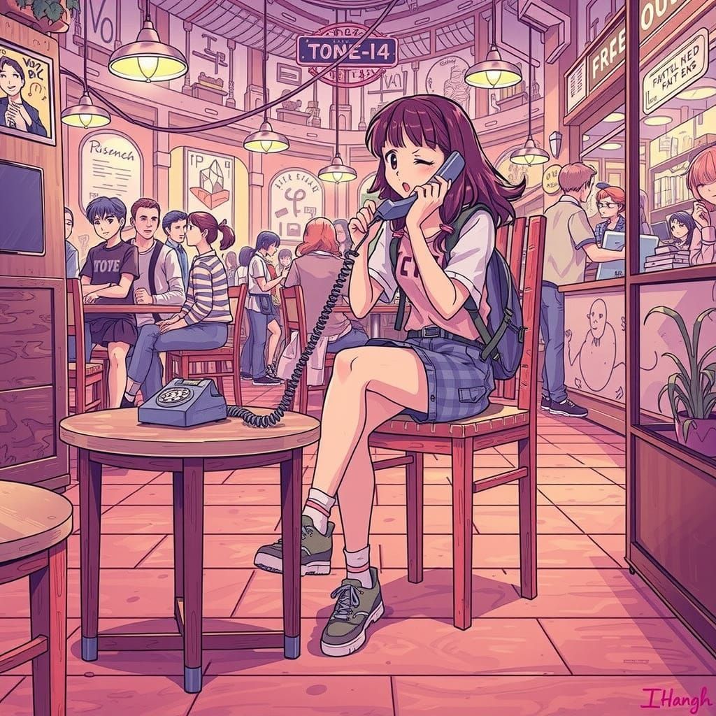 Teen Girl Chatting on Landline Phone in Cafe