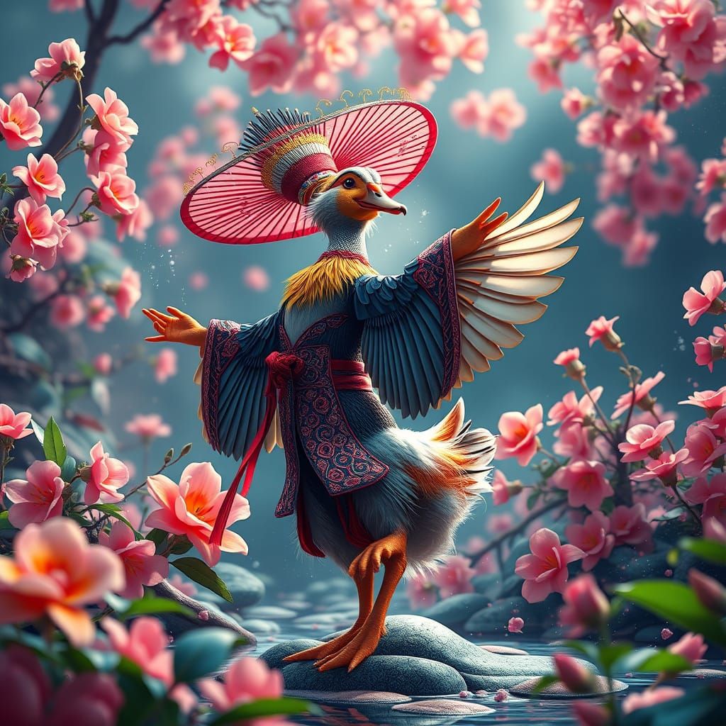 Oriental Duck Dancer Among Flowers: Detailed Matte Painting