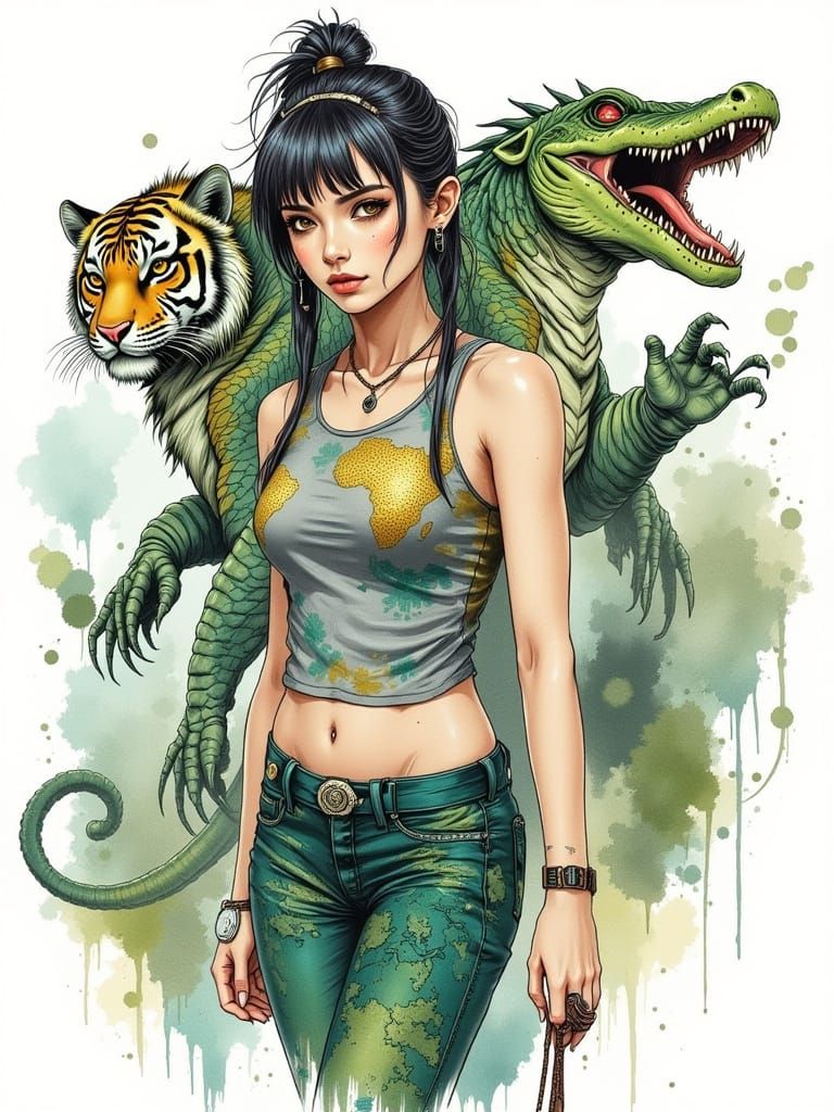 Woman and Chimera in Watercolor Pinup Style