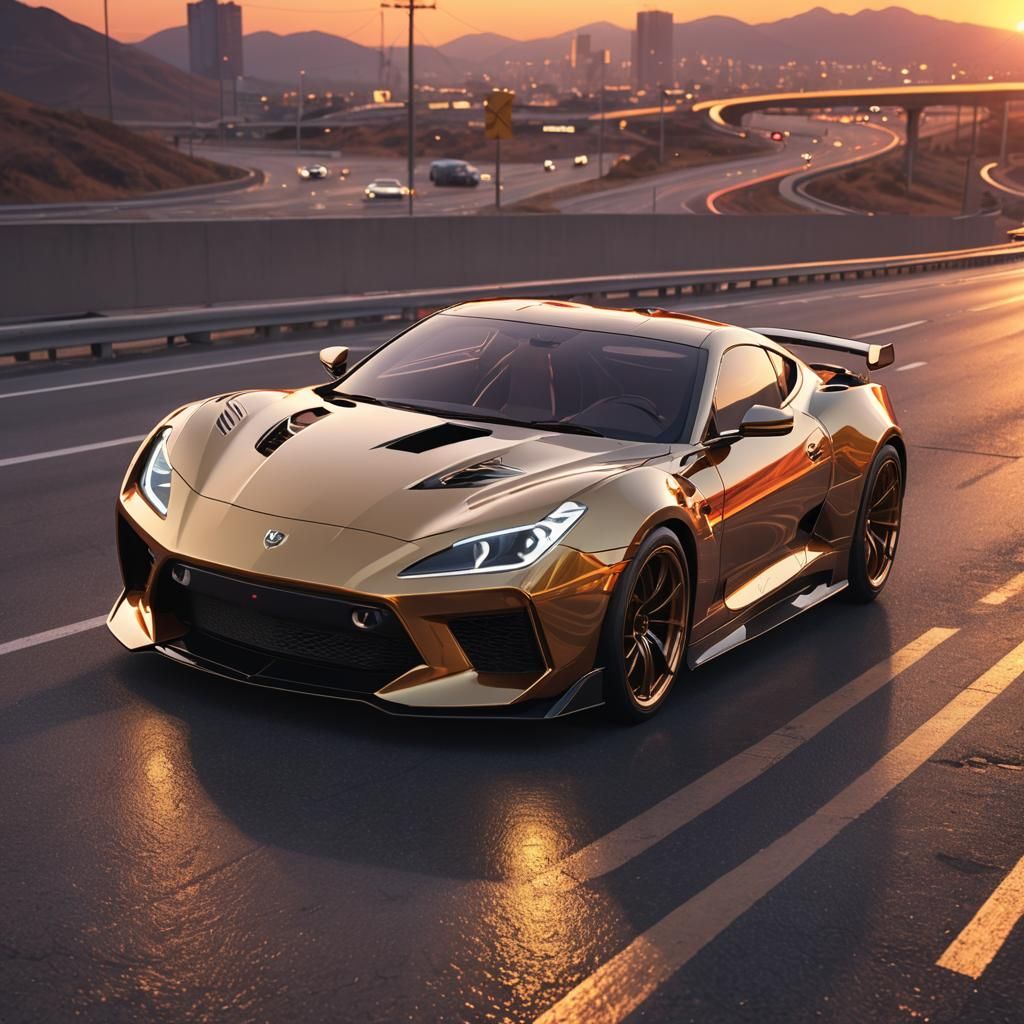 Anime Sports Car on Deserted Highway at Sunset