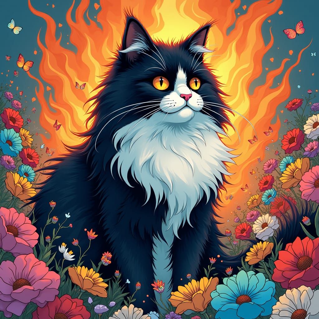 Tuxedo Cat Engulfed in Surreal Floral Anime Inferno