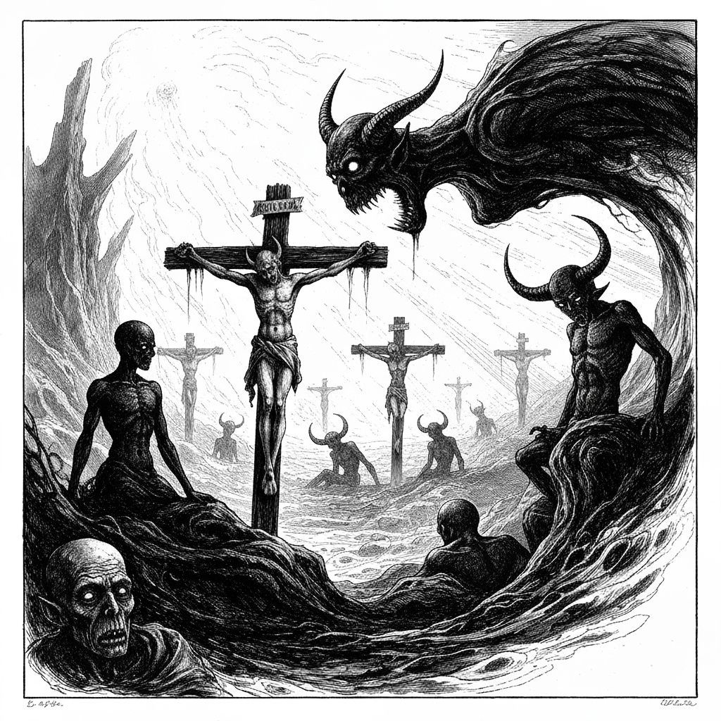 Abstract Horror Scene with Demonic Crucifixions in Black and...
