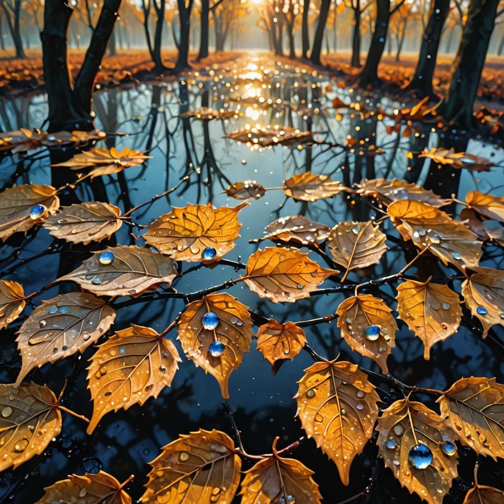 Dewy Surrealist Autumn Reflection in Oil Painting