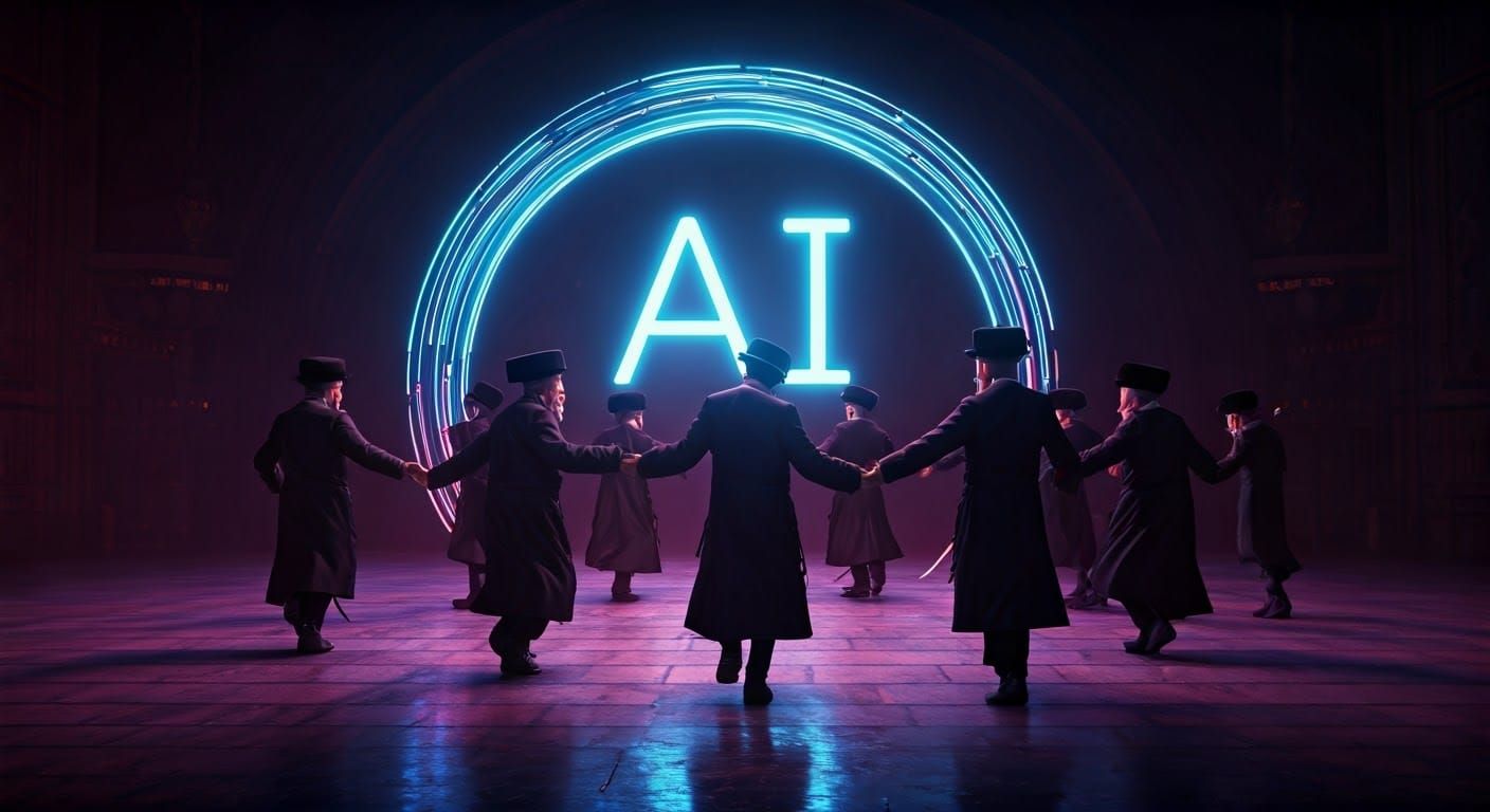Traditional Hasidic Men Dance in Circle around Futuristic AI