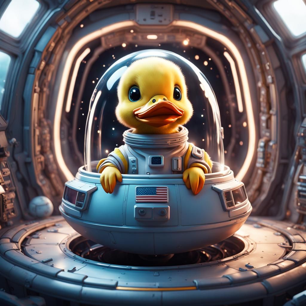 Baby Duck Astronaut in Spaceship, Detailed Matte Painting