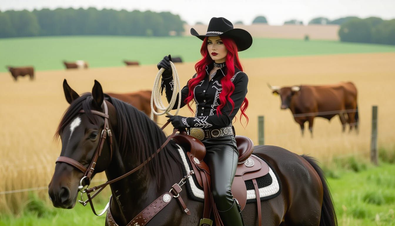 Gothic Emo Cowgirl on Stallion at English Farm