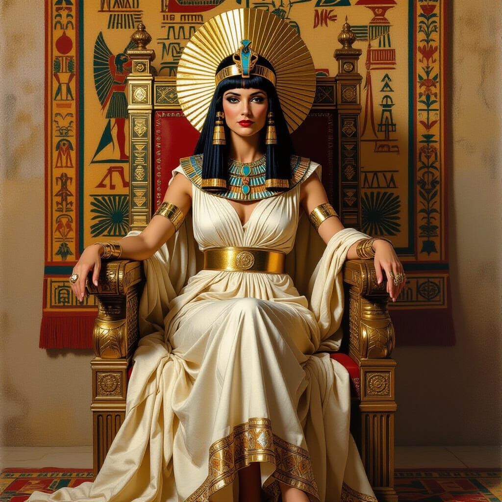 Cleopatra on Throne in Norman Rockwell Style