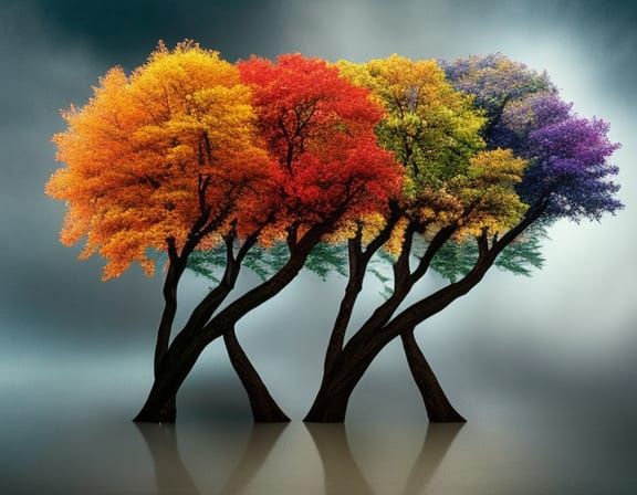 Multi-Season Tree Formed by Human Heads: Photorealistic Art
